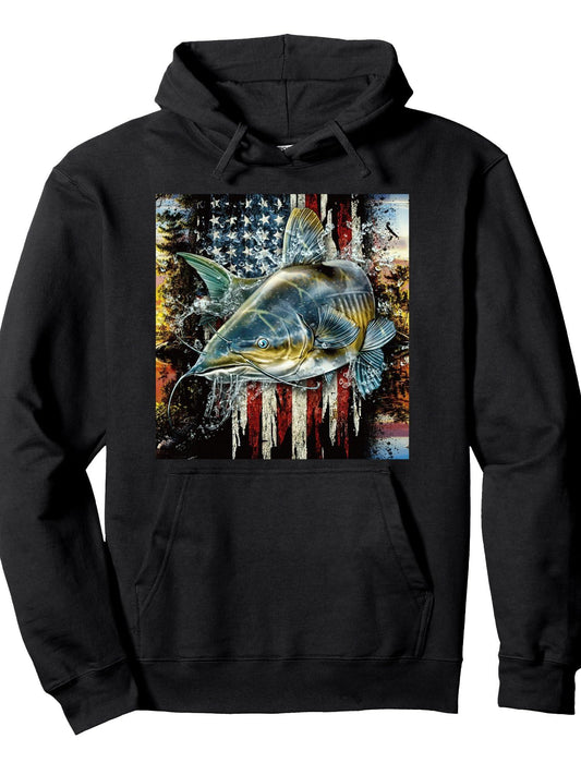 Catfishing American Flag Patriotic Fishing Father's Day DAD Pullover Hoodie You Are Enough Black 250gsm Cotton Long Sleeve Men Casual Hoodie
